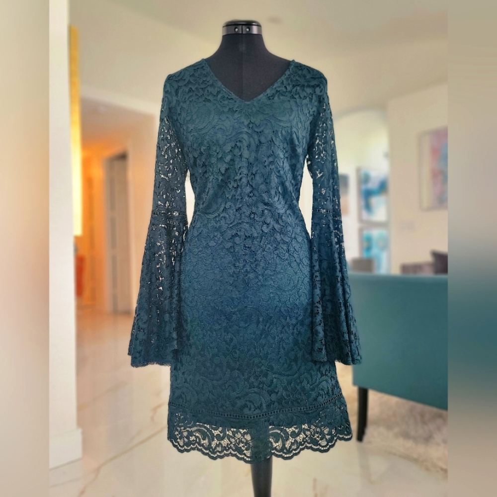 White House Black Market Dark Teal Bell Sleeve Lace Sheath Dress  size 8
